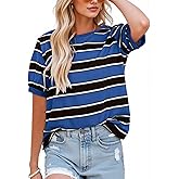 NILOINE Womens Summer Tops Striped Color Block Short Sleeve T-Shirts Color Block Crewneck Casual Loose Basic Tee Blouses