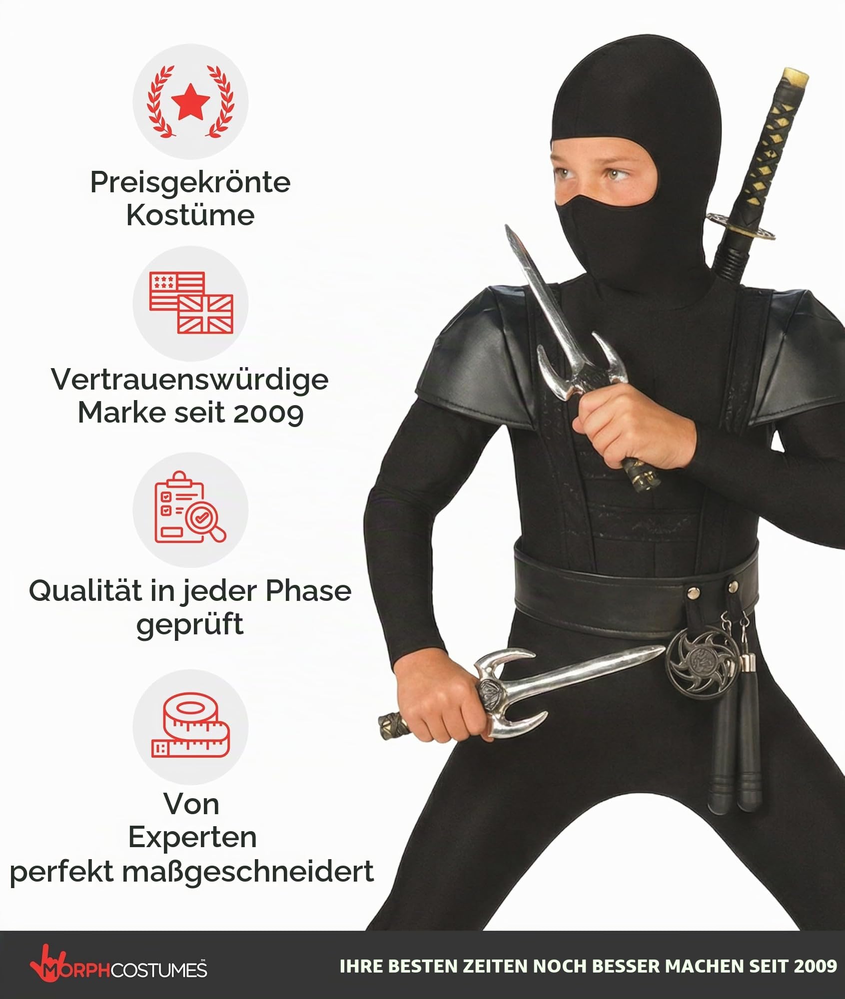 Morph Ninja Kostüm Kinder Jungen und Mädchen, Ninja Anzug Schwarz, Faschingskostüme Kinder Junge, Karneval Kostüm Kind, 4-6 Jahre 5