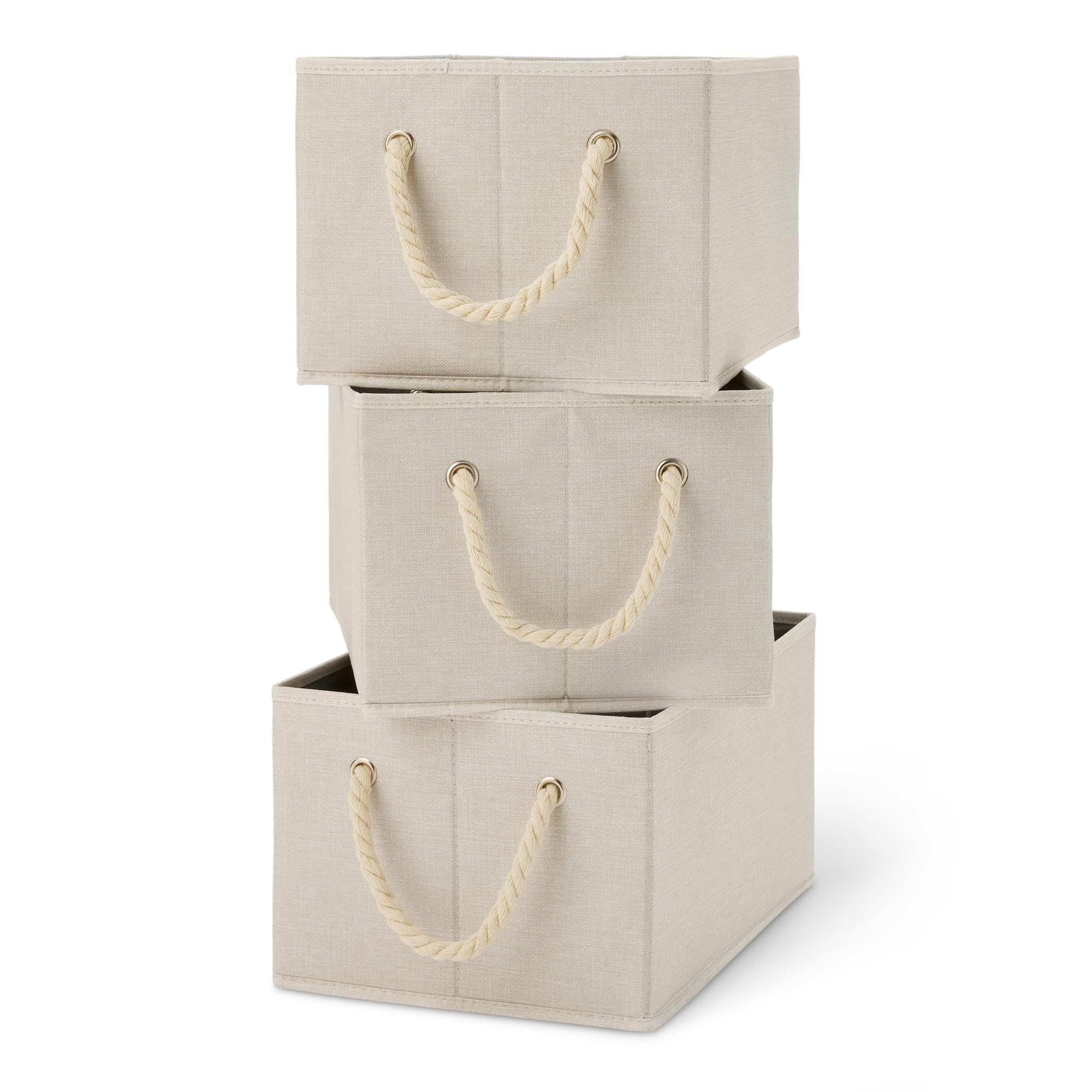 Photo 1 of Amazon Basics Foldable Storage Bins with Rope Handles, Linen, Large, Pack of 3