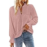 BETTE BOUTIK Women Boho Long Sleeve Shirts Dressy Casual V Neck Fall Fashion Tops Swiss Dot Flowy Blouses