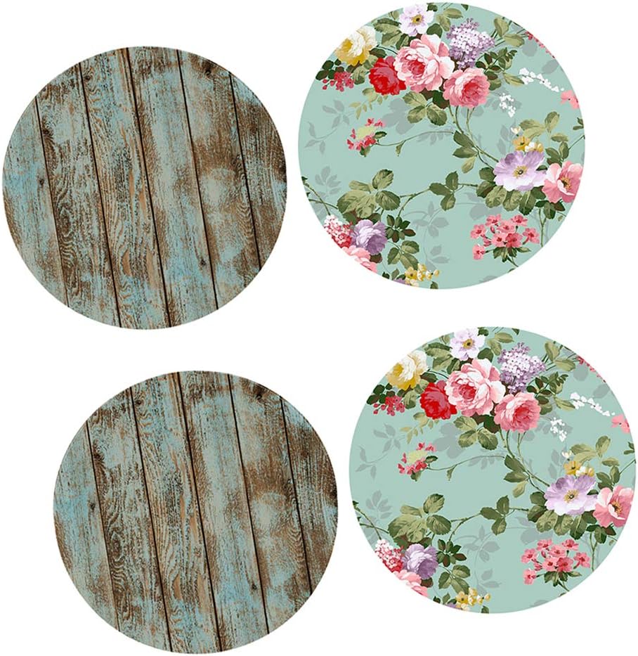VANKOA 4-Pack Fitted Vinyl Table Cloth Round with Elastic Edge - Fits 47 Inch Tables (Shabby Wood Grain/Rustic Peony)