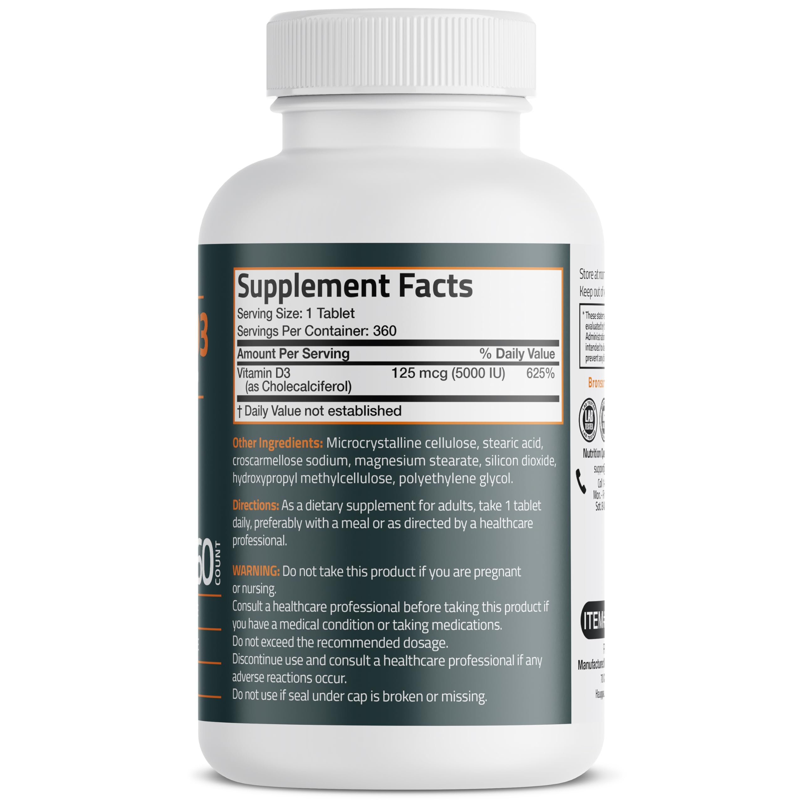 Bronson Vitamin D3 5000iu (125mcg) 1 Year Supply for Healthy Muscle Function and Immune Support, Non-GMO, 360 Tablets