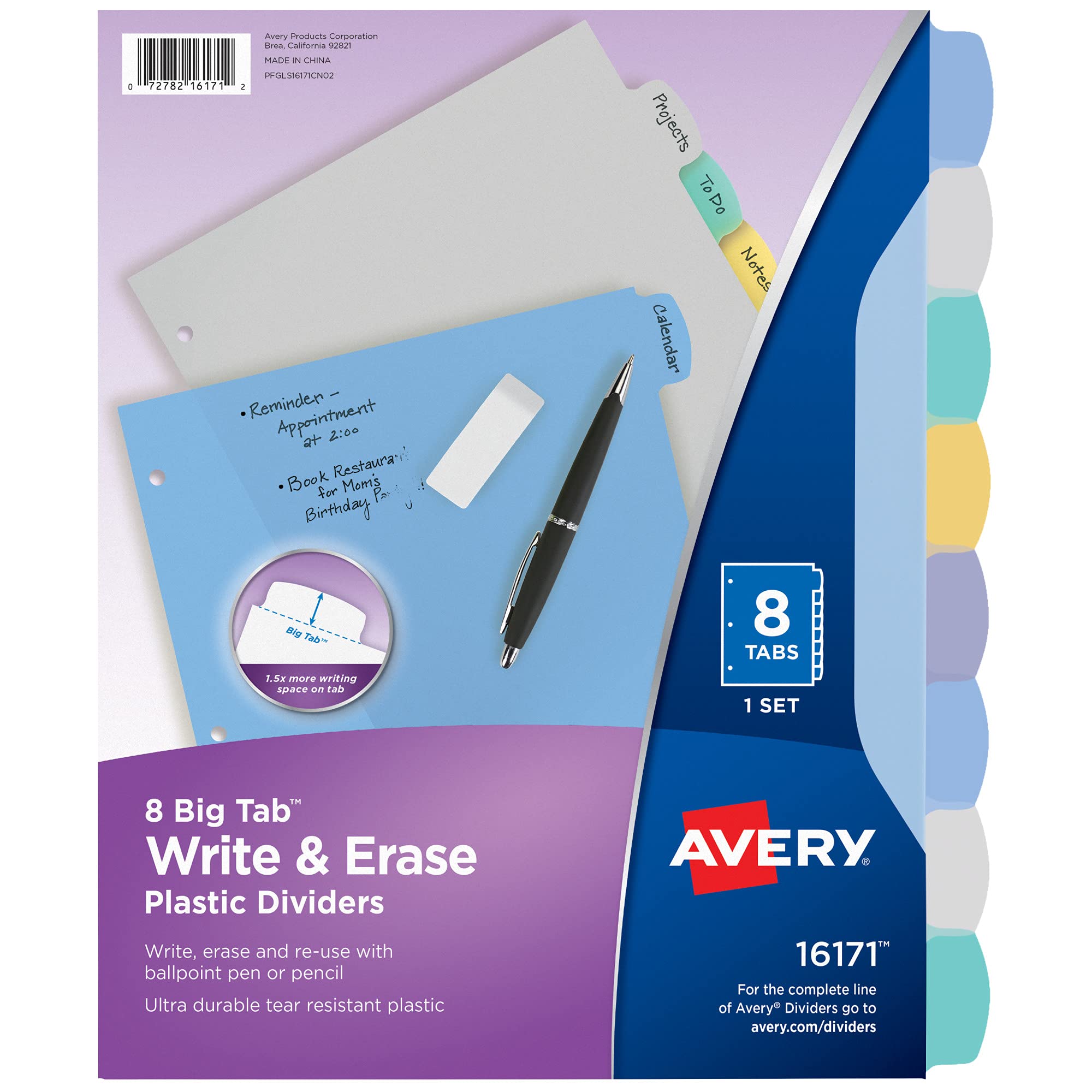 Avery Big Tab Write & Erase Durable Plastic Dividers for 3 Ring Binders, 8-Tab Sets, Pastel Multicolor, 24 Sets, 192 Divider Tabs (16171) — image 1
