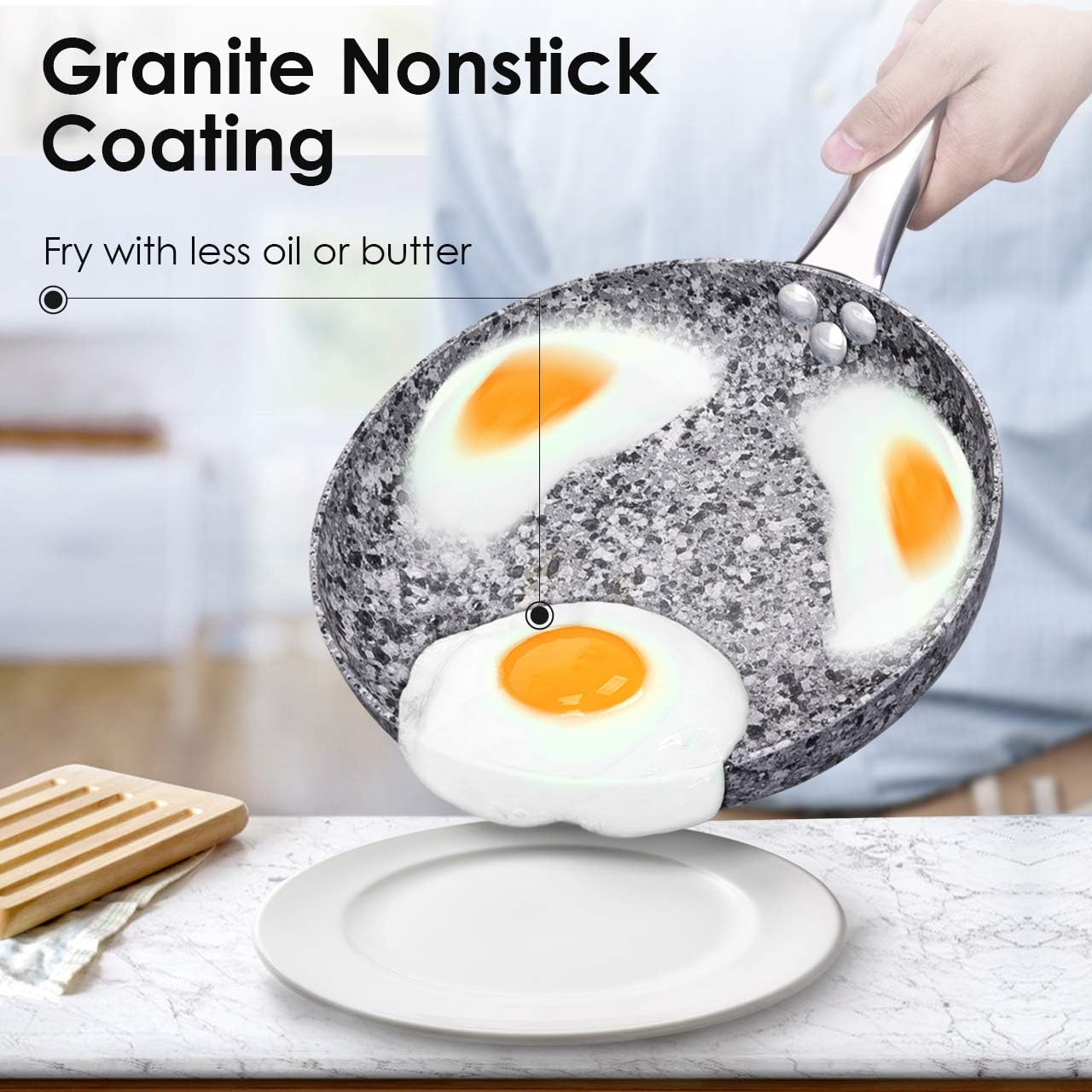 8" Nonstick Frying Pans with Lids - Granite Skillet, Aluminum Frying Pan with APEO & PFOA-Free Stone Earth Non Stick Coating, Stir Fry Pans with Stainless Steel Ergonomic Handle, Oven Safe: Kitchen & Dining