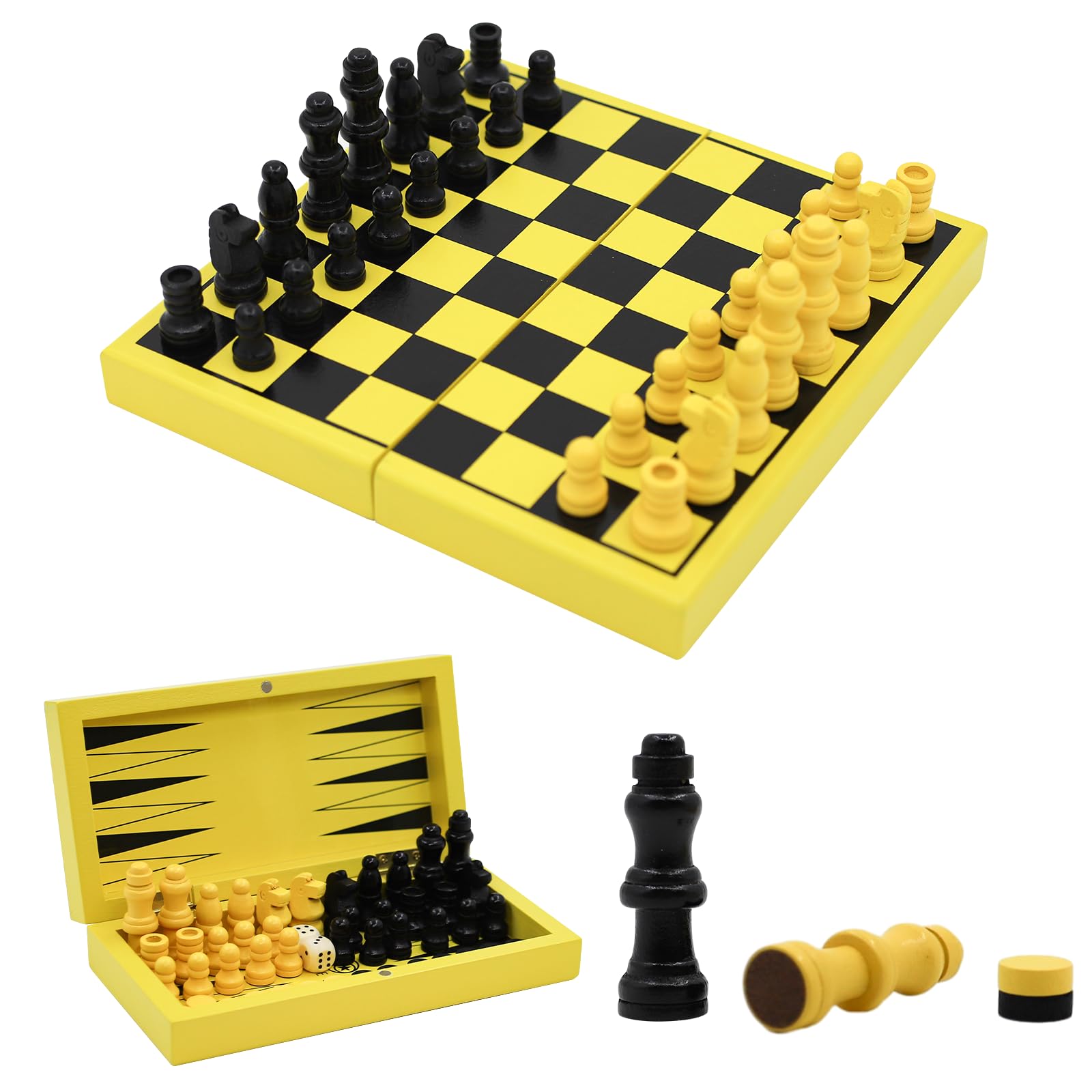 TUNJILOOL Chess Set Board Games 3 in 1，Wooden Folding Hand Crafted Portable Travel Chess Board Game Sets Travel (18 * 18 cm)