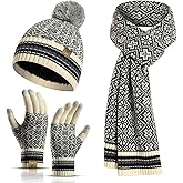 Womens Winter Beanie Hat Long Scarf and Touchscreen Gloves 3Pieces Fleece Lined Skull Caps with Pompom Neck Scarves Set