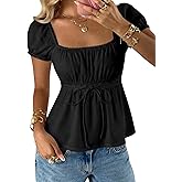 SOLY HUX Women's Square Neck Short Sleeve Peplum Tops Tie Front Summer Teen Girls Babydoll Top T Shirt