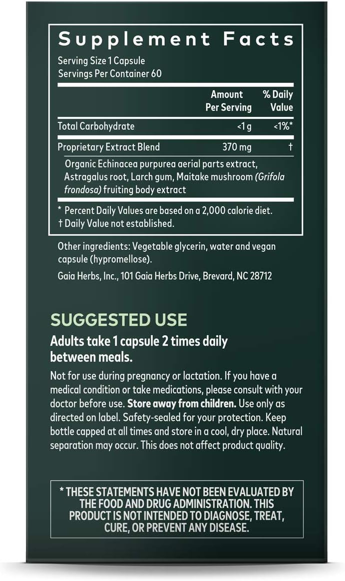 Gaia Herbs Whole Body Defense, Vegan Liquid Capsules, 60 Count - Daily Immune Support and Wellness Formula, Astragalus, Maitake & Organic Echinacea: Health & Personal Care