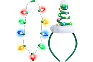 Farochy Christmas Tree Headband with Light Necklace 2PCS Christmas LED Headband with Christmas Bulb Necklace Santa Headband