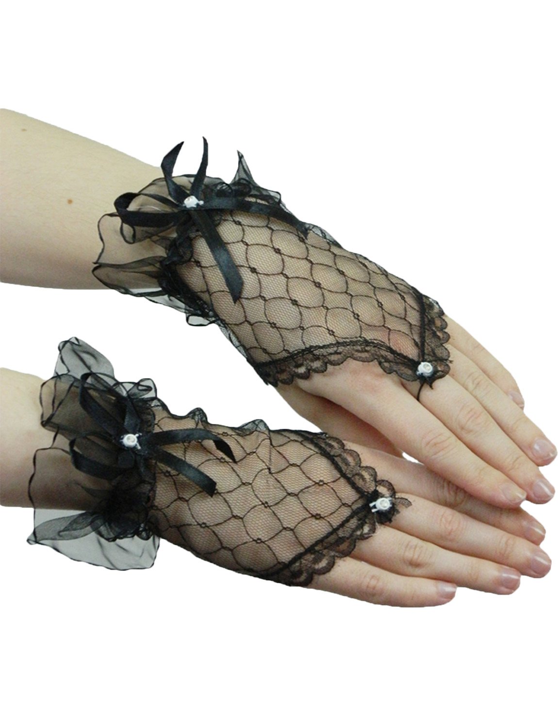 Yummy Bee Delicate Lace Fingerless Gloves Black White Red Short Ruffled Satin Ribbon (Black)