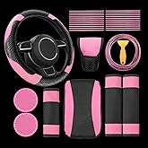 Riakrum 30 Pcs Car Accessories Set Pink and Black PU Leather Steering Wheel Cover Auto Interior Accessories Gift Car Vent Trim Strips Air Conditioner Insert Strips with Installation Tool