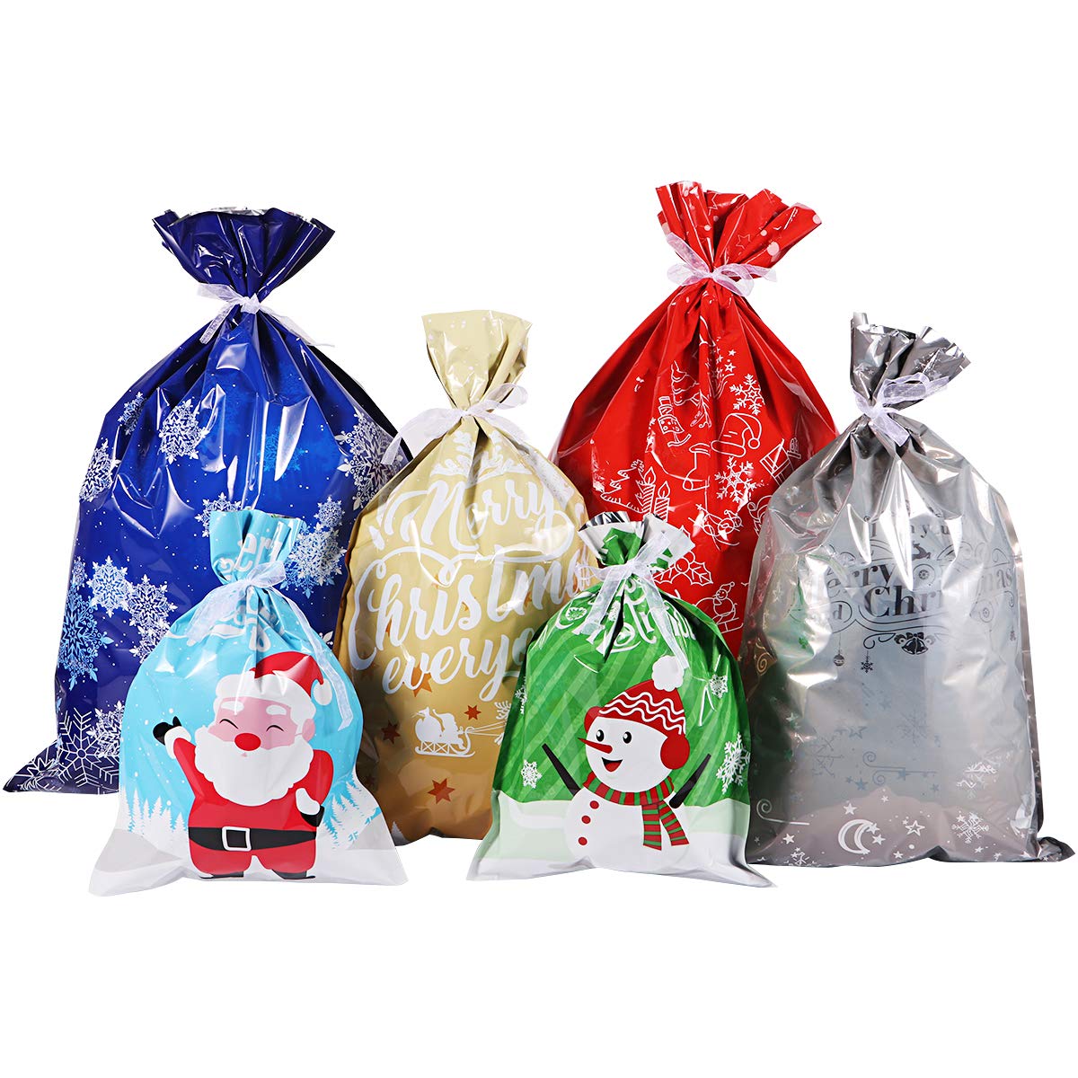 Cabilock 30Pcs Christmas Drawstring Gift Bags Set, Foil Xmas Wrapping Sacks with Ribbon Ties, Large Medium Small Multipack for Presents, Party Favours Decoration (Assorted Sizes)