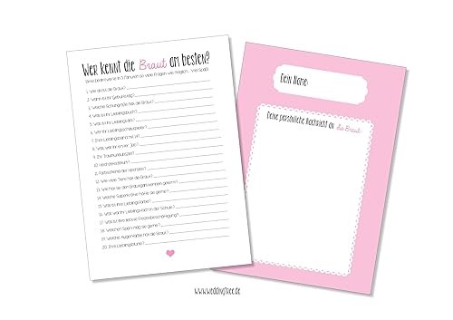 Hochzeit JGA Junggesellinnenabschied Spiel - 10 Karten Wer kennt die Braut - Ratespiel