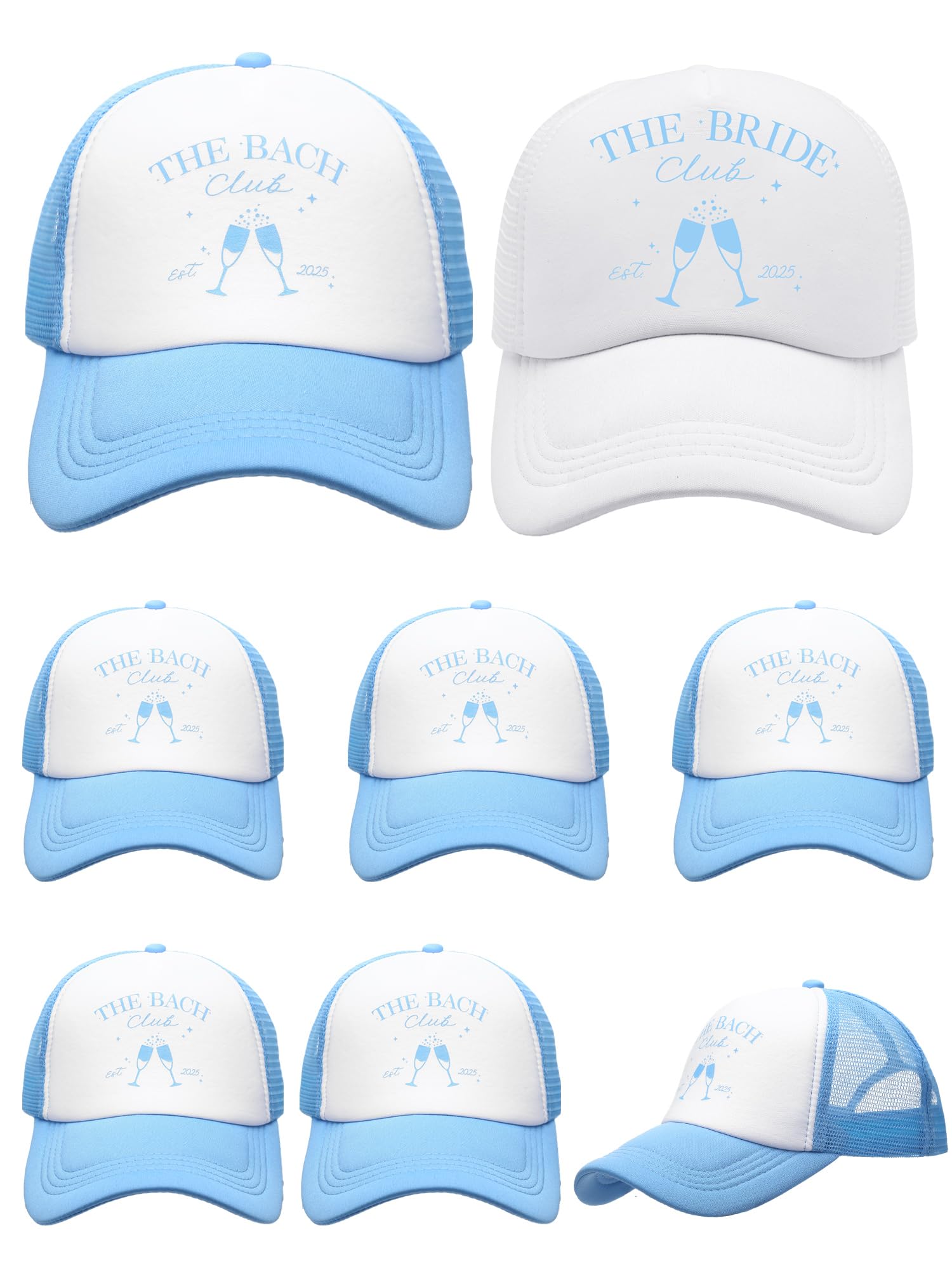 Photo 1 of Shyyween 8 Pack Social Club Bachelorette Party Hats Include 1 Pack The Bride Cap and 7 Pcs The Bach Club Trucker Cap(Blue,The Bach)