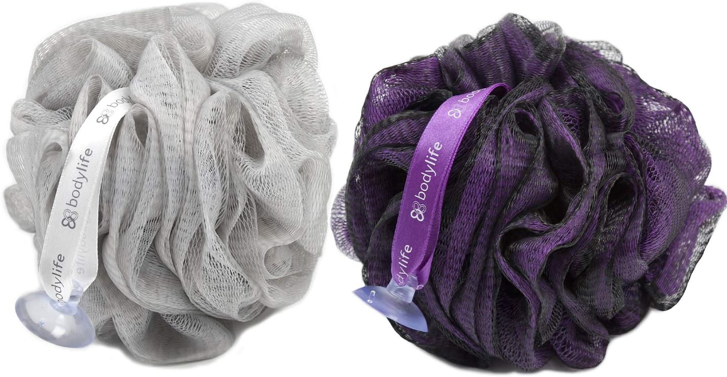 Bodylife Exfoliating Bath & Shower Body Puff/Scrunchie/Buffer Purple & Grey 55g Twin Pack