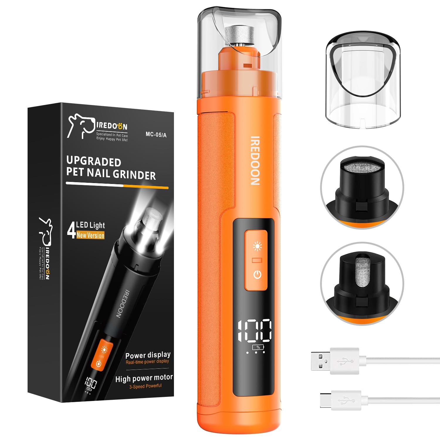 IREDOON Dog Nail Grinder Upgraded - Professional 3-Speed Super Quiet and Low Vibration Electric Pet Nail Grinder with 4 LED Lights - Painless Paws Grooming & Smoothing for Small to Large Dogs (Orange)