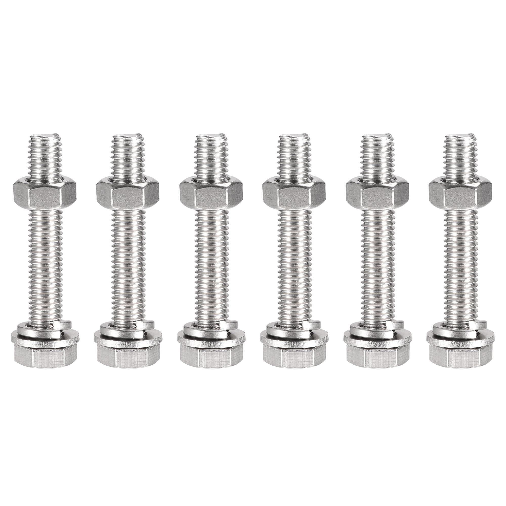 sourcing map M10 x 60mm Hex Head Screws Bolts, Nuts, Flat & Lock Washers Kits, 304 Stainless Steel Fully Thread Hexagon Bolts 6 Sets