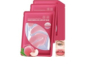 Peach Lip and Eye Masks, 8 Pcs Crystal Collagen Under Eye Patches for Dark Circles and Puffiness, Wrinkles, Fine Lines, Hydra