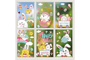 CESOF Easter Decorations Window Clings,9 Sheets 94 PCS Double Sided Cute Large Bunny Eggs Happy Easter Window Clings for Glass Windows Door Kitchen Bathroom Spring Decals Stickers for Kids Home Holiday