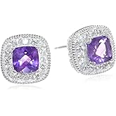 Amazon Essentials Sterling Silver Cushion Cut Birthstone and Created White Sapphire Halo Stud Earrings