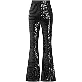 ODIZLI Womens Bell Bottom Sparkle Sequin Flare Pants Elastic High Waisted Bling Glitter Dance Pants