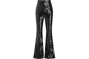 ODIZLI Womens Bell Bottom Sparkle Sequin Flare Pants Elastic High Waisted Bling Glitter Dance Pants