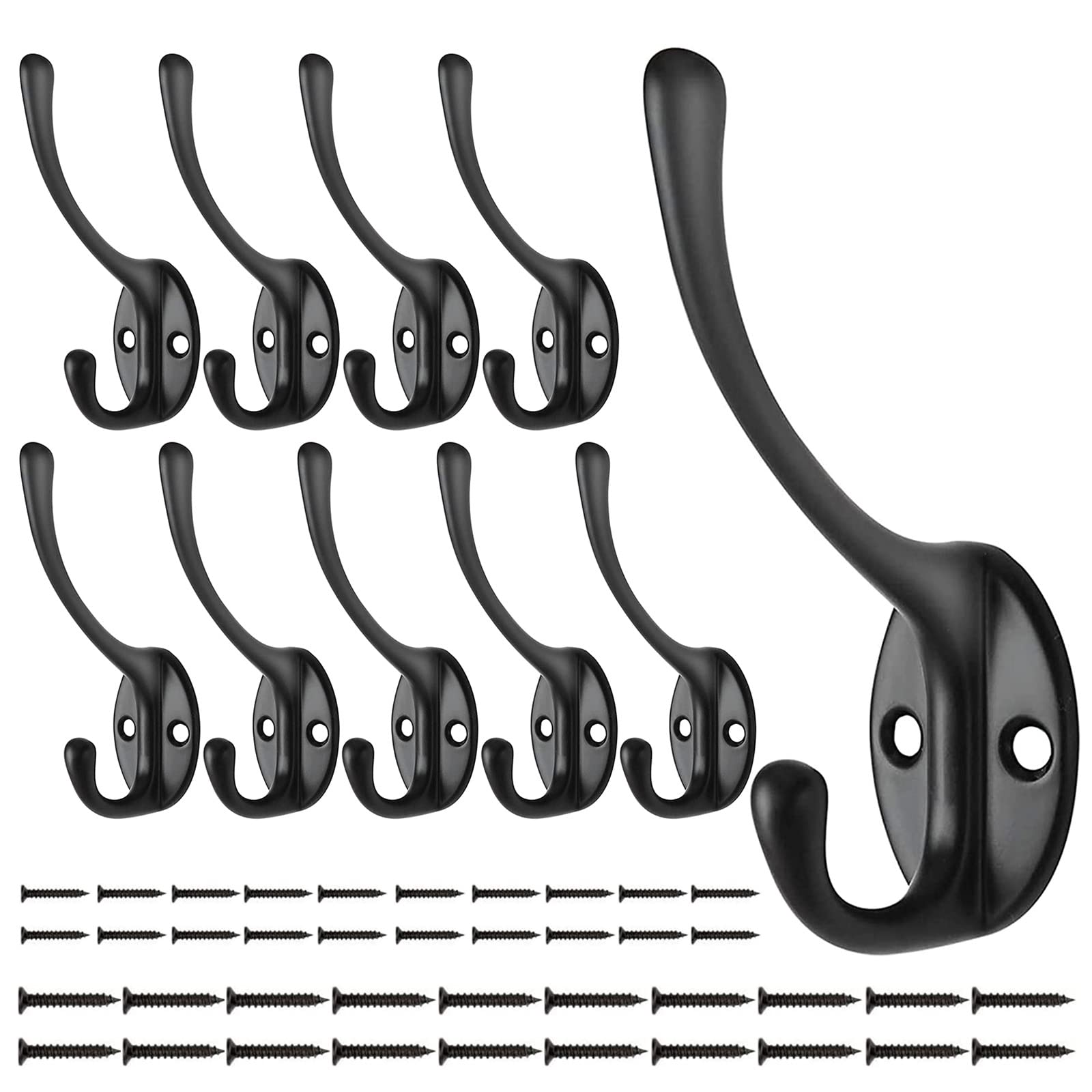 BIGLUFU Black Coat Hooks 10Pcs, Vintage Heavy Duty Wall Mounted Double Hook with 40 Screws for Hanging Coat, Hat,Towel,Scarf, Bag, Key, Cap, Cup