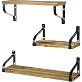 Love-KANKEI Floating Wall Shelves Set of 3,Solid Wood,Carbonized Black | 3 Installation Methods,Easy to Install,Metal Bracket,40Lbs/shelf,For Bedroom,Bathroom,Kitchen,LivingRoom,Office Nursery,Decor