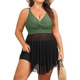 SOTHEA Womens Plus Size Mesh Swim Dress Cutout Swimsuit 2 Piece Tankini Flowy Bathing Suit with High Waisted Boyshorts