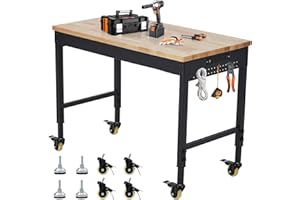 ACONEE 72" x 25" Adjustable Workbench 2000 Lbs Capacity, Rubber Wood Table Heavy Duty Workstation with Hardwood Top, Power Outlets, Metal Frame, Swivel Casters, Garage Table for Workshop Office Home