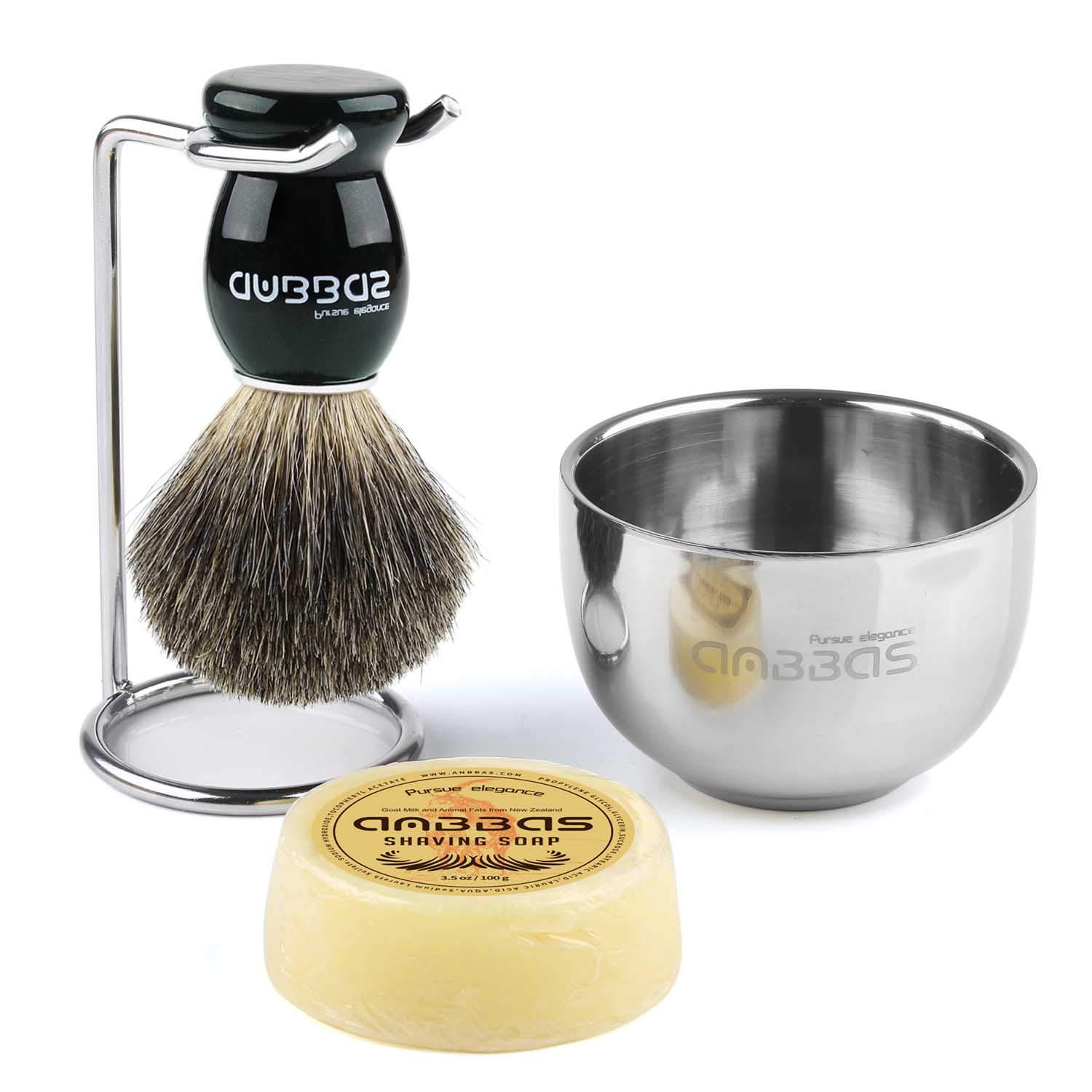 Anbbas Badger Hair Shaving Brush Black Wood Handle,Stainless Steel Shaving Soap Bowl and Brush Holder Stand with Shaving Soap 3.5OZ for Men Gift