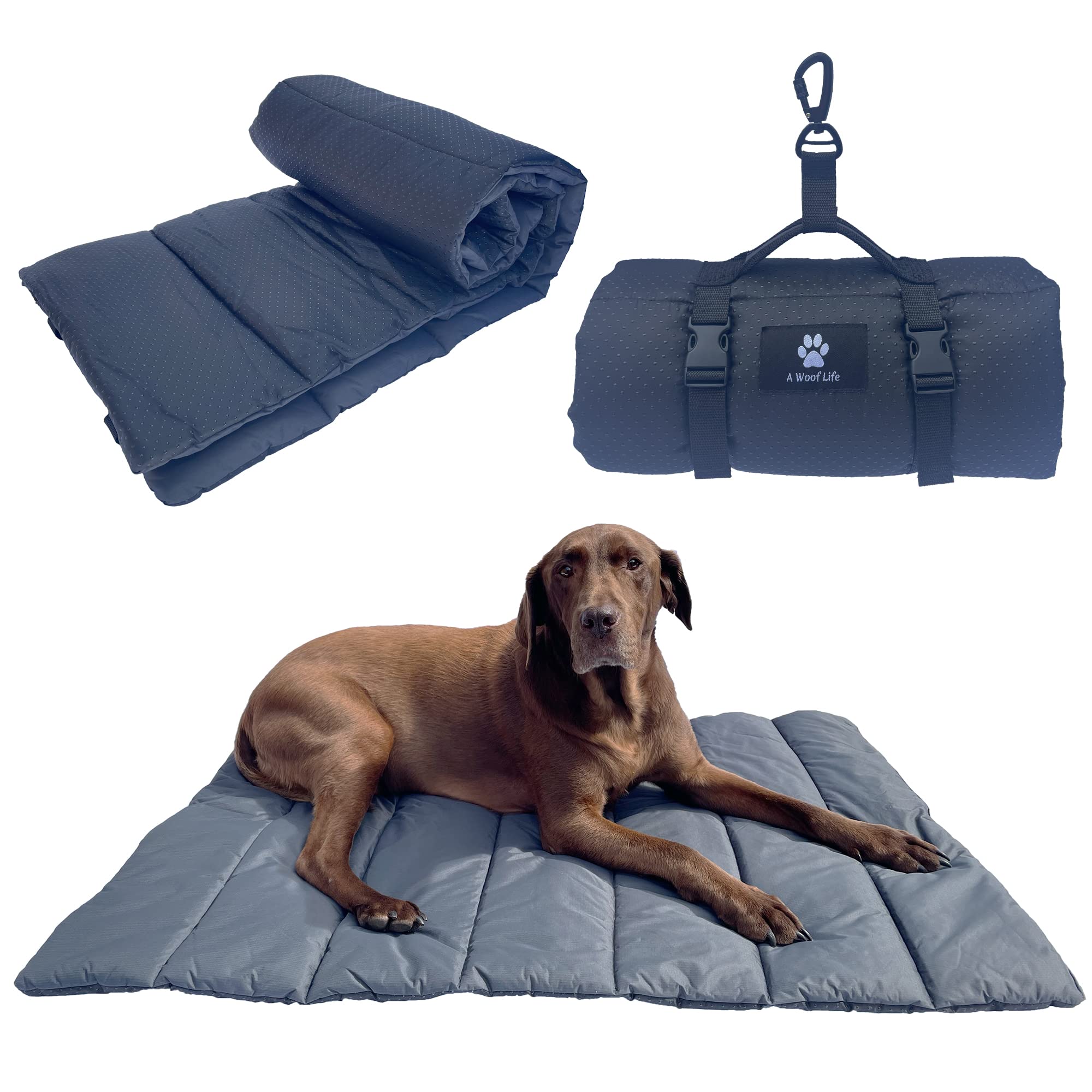 A WOOF LIFE Portable Travel Dog Bed. Compact and Lightweight Design, Water Resistant Roll Up Mat, Perfect for Hiking, Camping and Days Out.