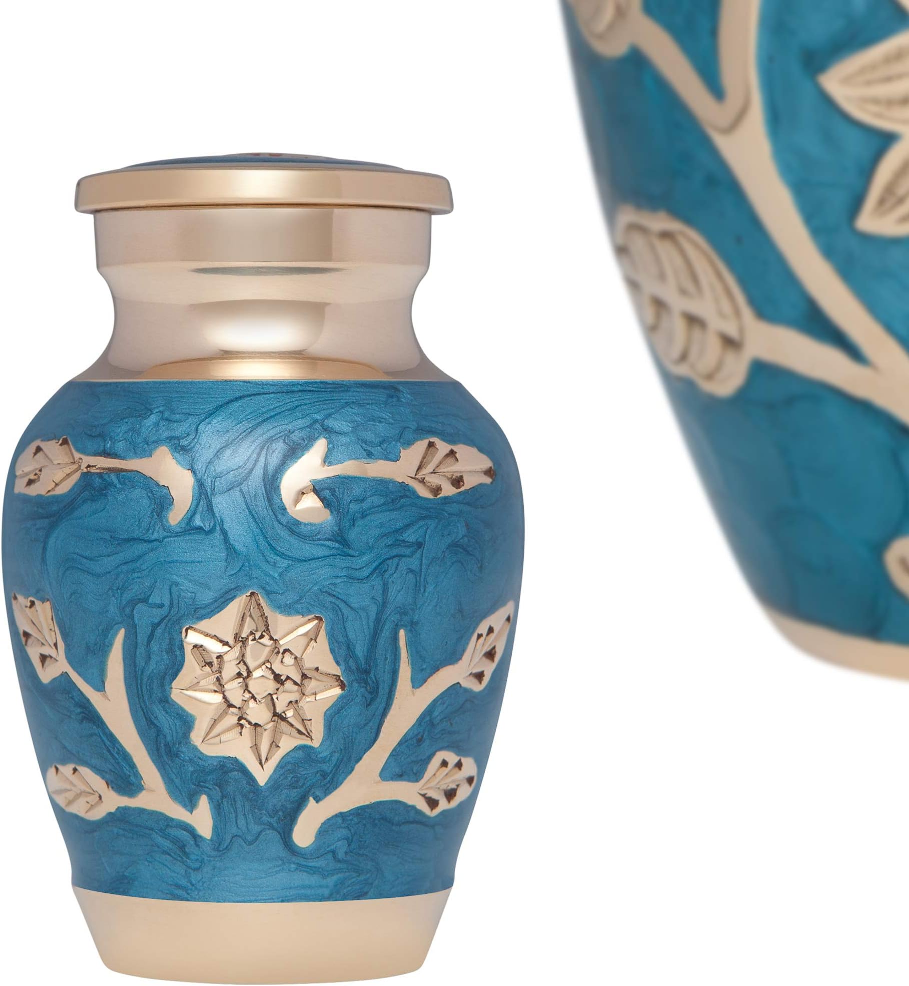 Liliane Memorials Blue Flower Urn Keepsake for Ashes Cremation Urn Small Metal Keepsake for Human Ashes - Affordable Mini Funeral Keepsake Urn for Ashes Handcrafted Urn - Velvet Bag