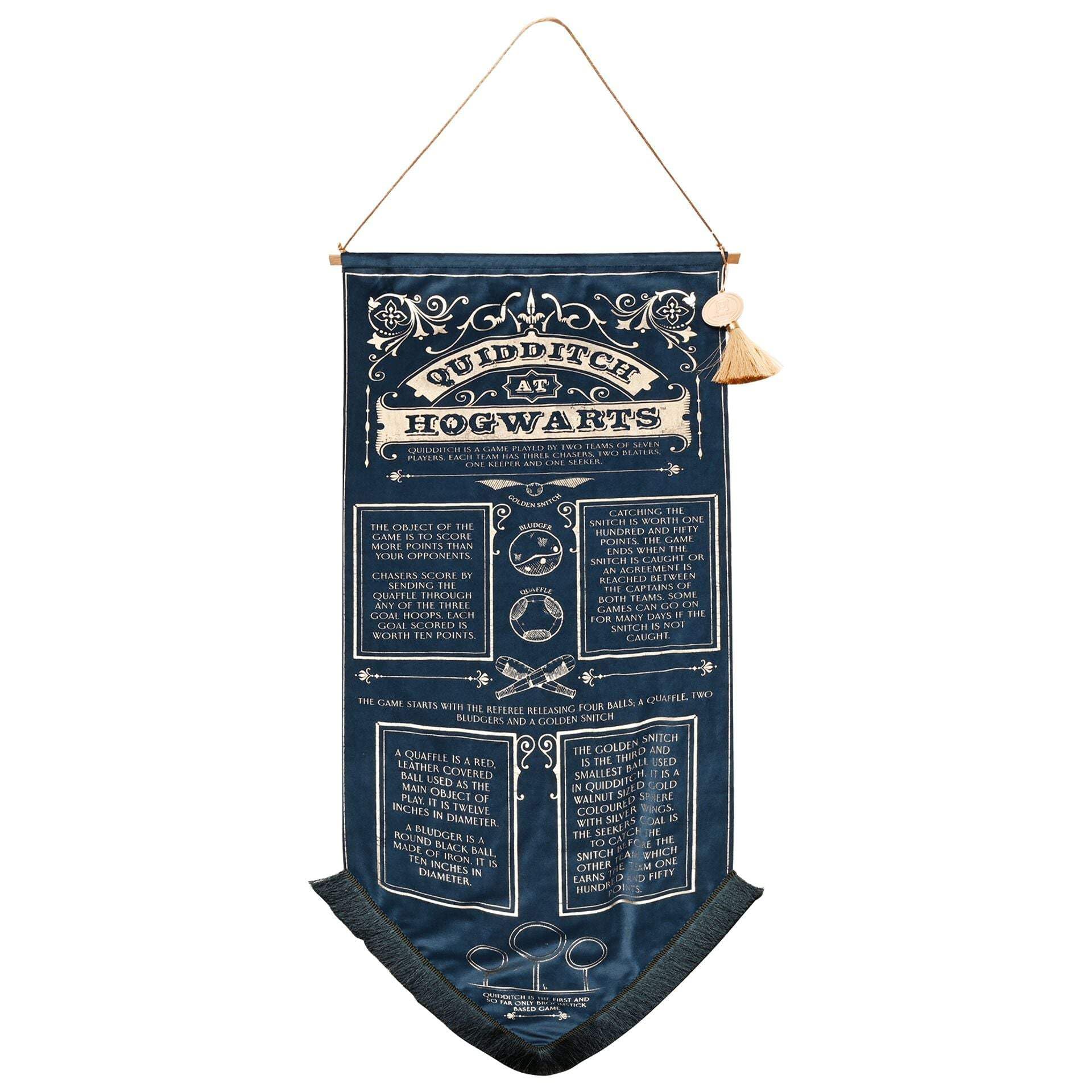 Warner Bros Harry Potter Alumni Hanging Banner – Quidditch Rules Wall Décor with Gold Embellishments, Tassel & Hogwarts Seal – Blue Fabric Wall Hanging for Wizarding Fans, Bedroom or Game Room Display