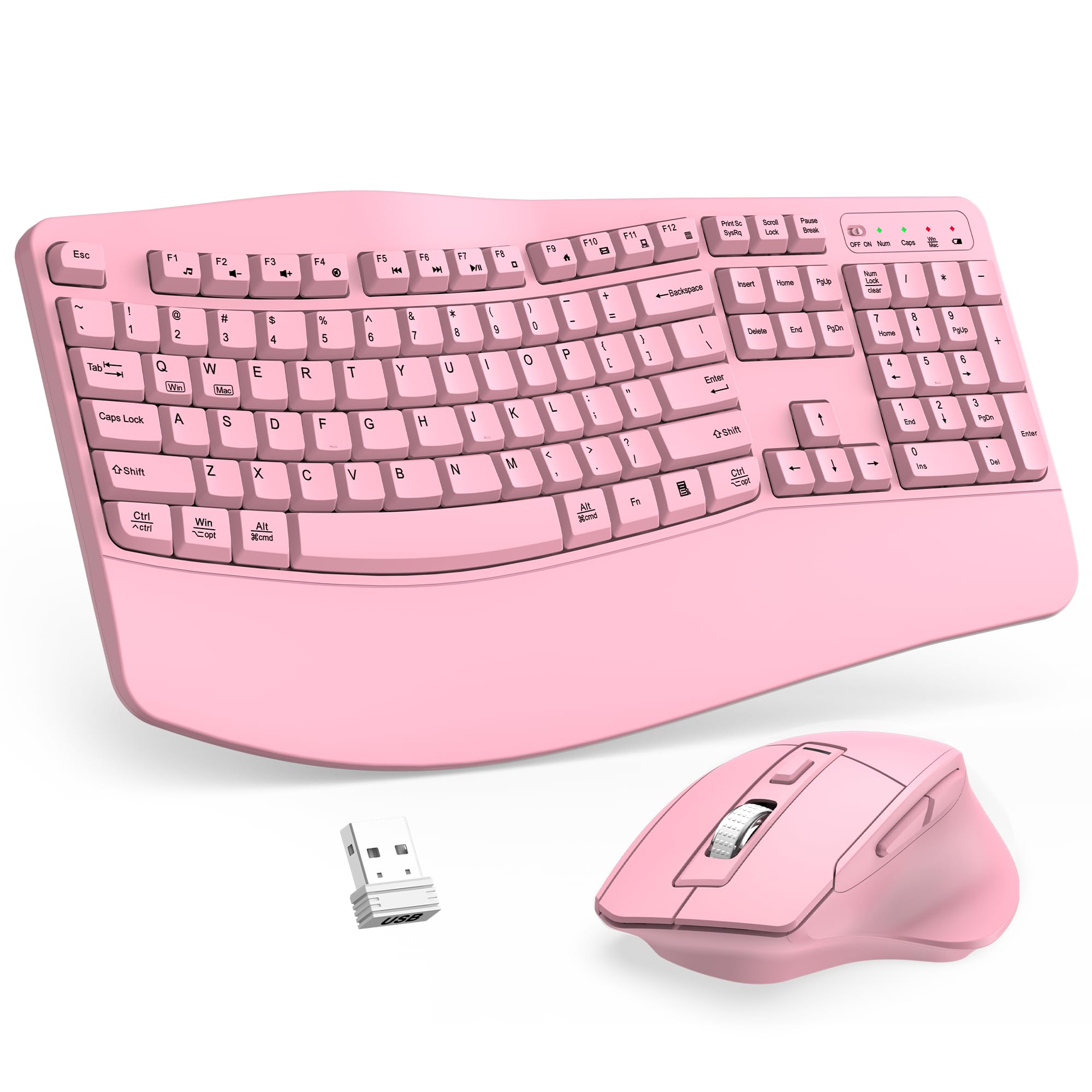 Photo 1 of Wireless Keyboard and Mouse Combo, 2.4G Full Size Wave Keys Ergonomic Keyboard with Wrist Rest and 3-Level DPI Adjustable Wireless Ergonomic Mouse for Windows, Mac OS Desktop/Laptop/PC(Pink)