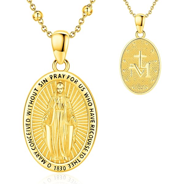 14k White Gold Blessed Virgin Mary Medal Pendant – Oval Miraculous Medal With 4 Diamonds, 1 Inch, On Chain - View #11