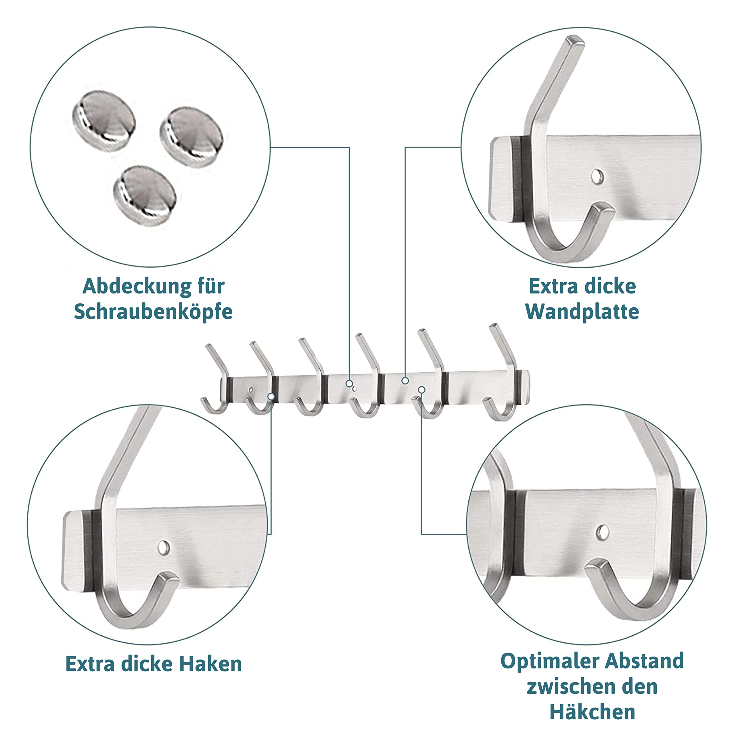 smartpeas Kleiderhaken Garderobenleiste - Rostfreier Gebürsteter Edelstahl - Chrome Matt Kleiderhaken Wand - 6 Feste Haken Halten Bis 30Kg - Plus: 1 Selbstklebender Haken 2