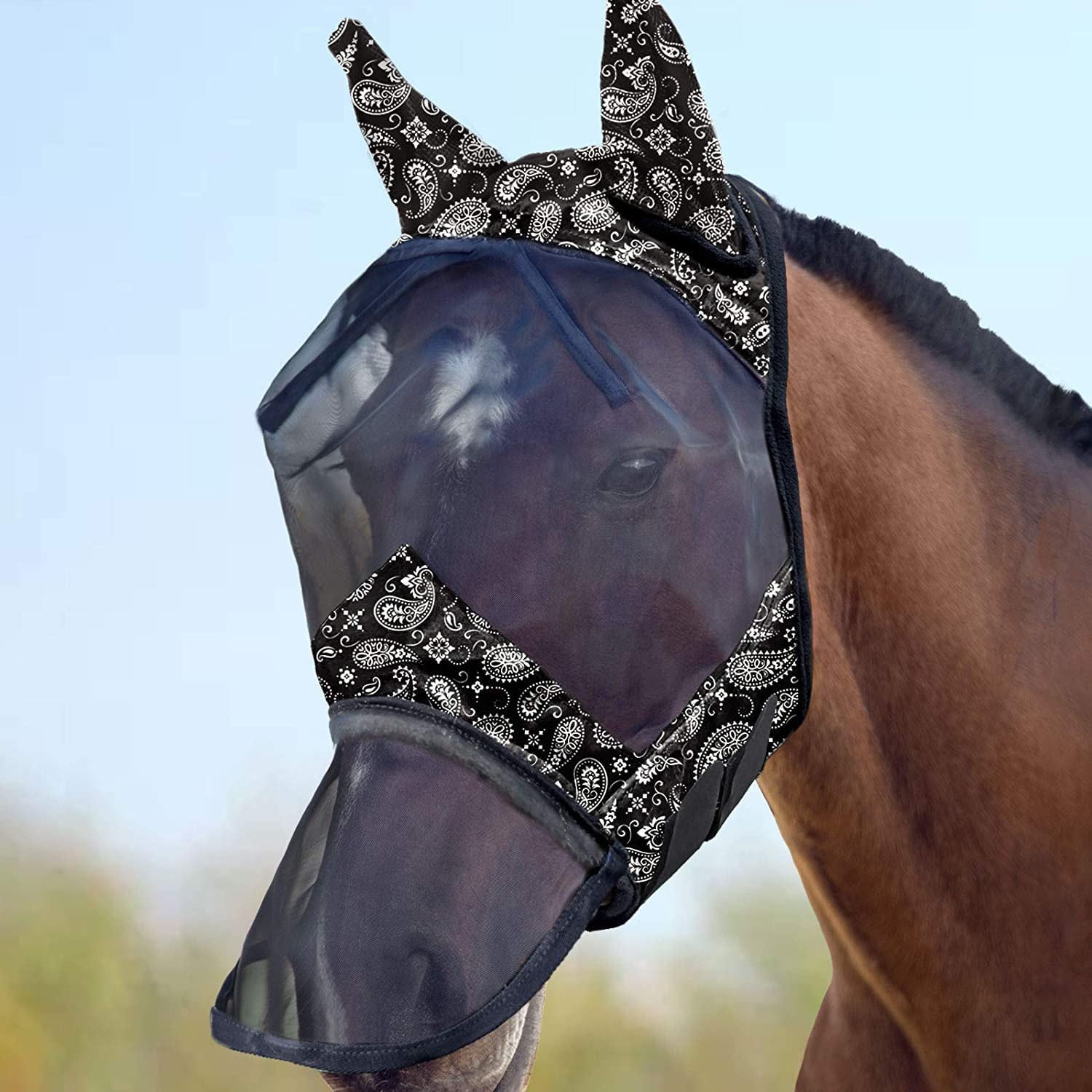 Harrison Howard LumiVista Horse Fly Mask Long Nose with Ears UV Protection for Horse-Paisley Wave Cob