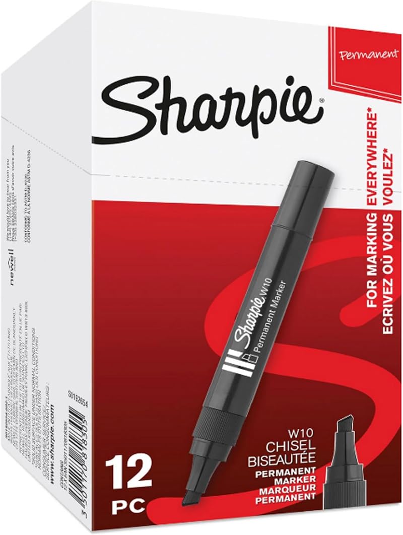 Sharpie W10 Permanent Markers 12 Count Black Chisel Tip Ink Dry Fast