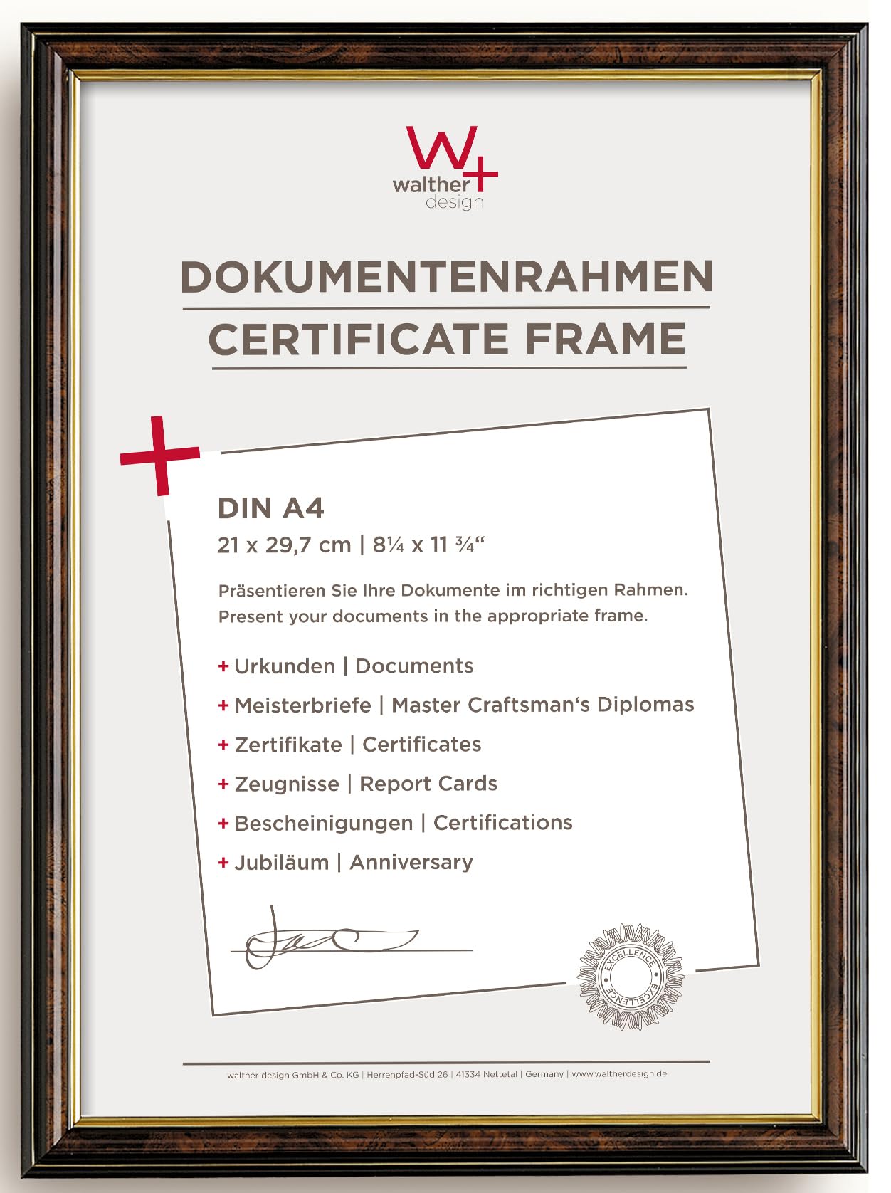 walther Design Picture Frame Walnut 21 x 29,7 cm (DIN A4) with Gold Inner Edge, Smell Design Frame JD130N