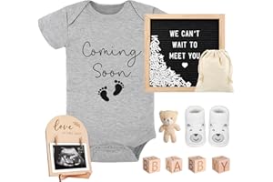 SYTUHETE 9 Pcs Pregnancy Announcements Set, Include Felt Letter Board Baby Bodysuit Shoes and Wooden Sign Surprise Announcement for Grandparents Partner Gift Family Reveal(Grey Coming soon-white shoe)