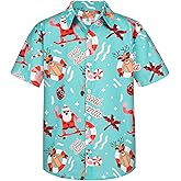 Yoimira Boys Christmas Shirt,Ugly Tropical Hawaiian Shirts for Kids Button Down Vacation Party Short Sleeve 7-14 Years