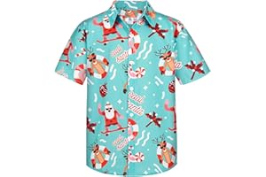 Yoimira Boys Christmas Shirt,Ugly Tropical Hawaiian Shirts for Kids Button Down Vacation Party Short Sleeve 7-14 Years