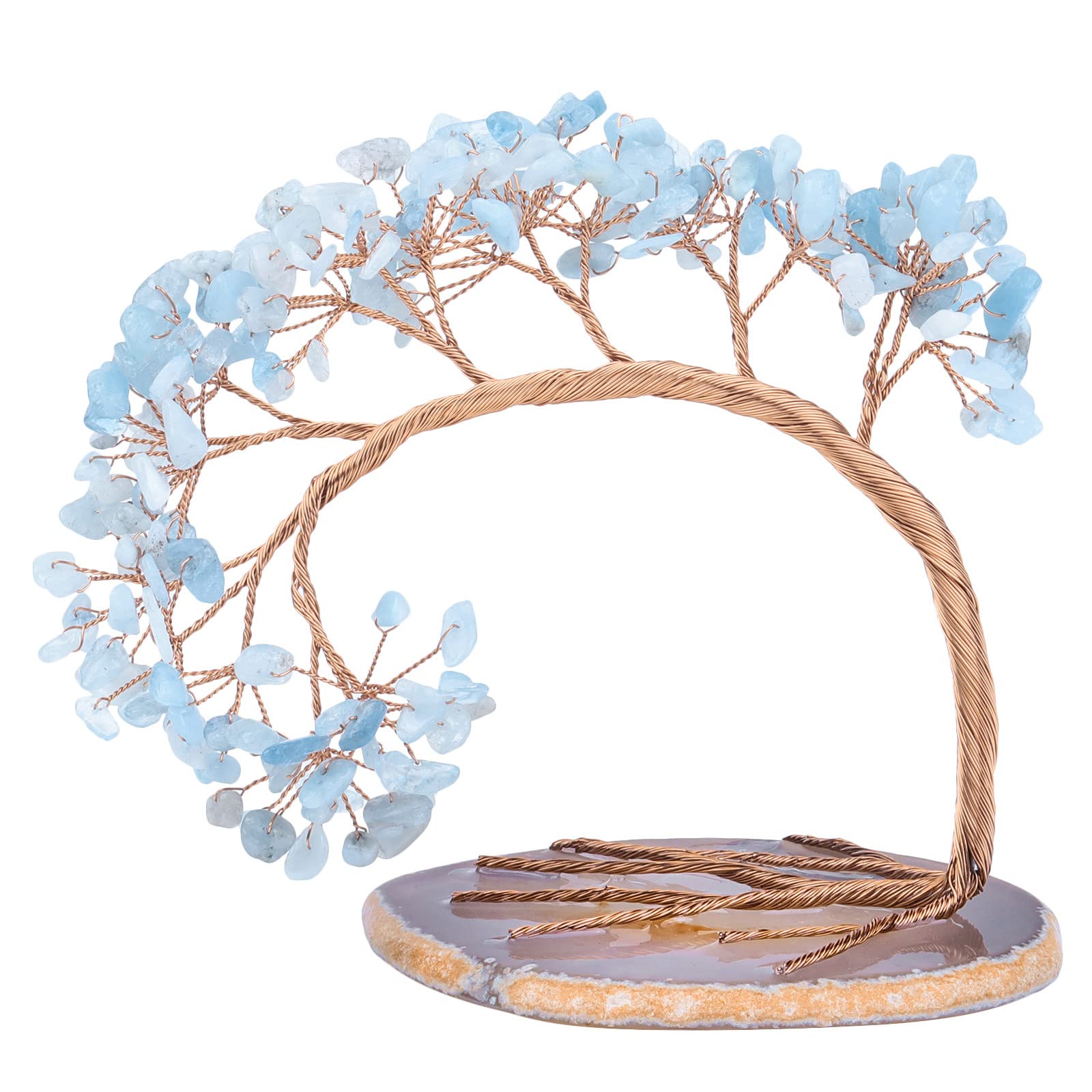 Nupuyai Aquamarine Crystal Tree with Agate Slice Base, Money Tree Figurines Fengshui Ornament for Home Office Wedding Decoration