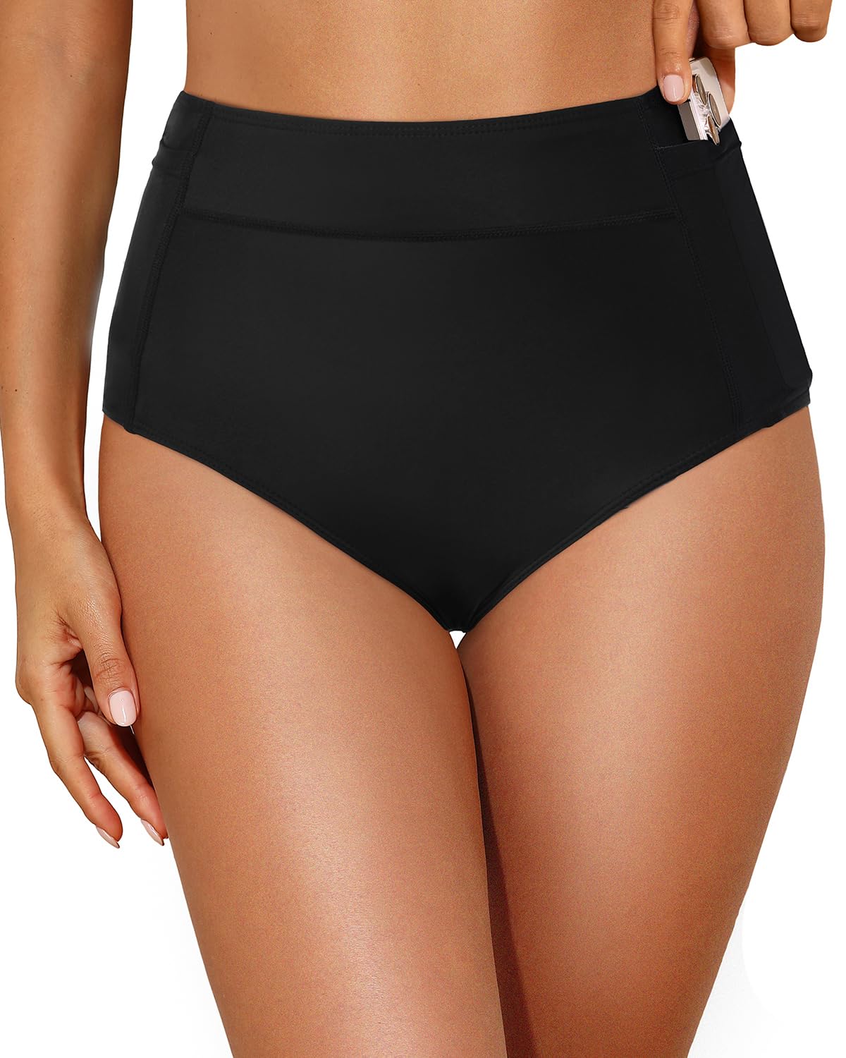 Photo 1 of Tempt Me Women High Waisted Swimsuit Bikini Bottoms - Black Tummy Control Swim Bottom Full Coverage Bathing Suit with Pockets 2025 XL