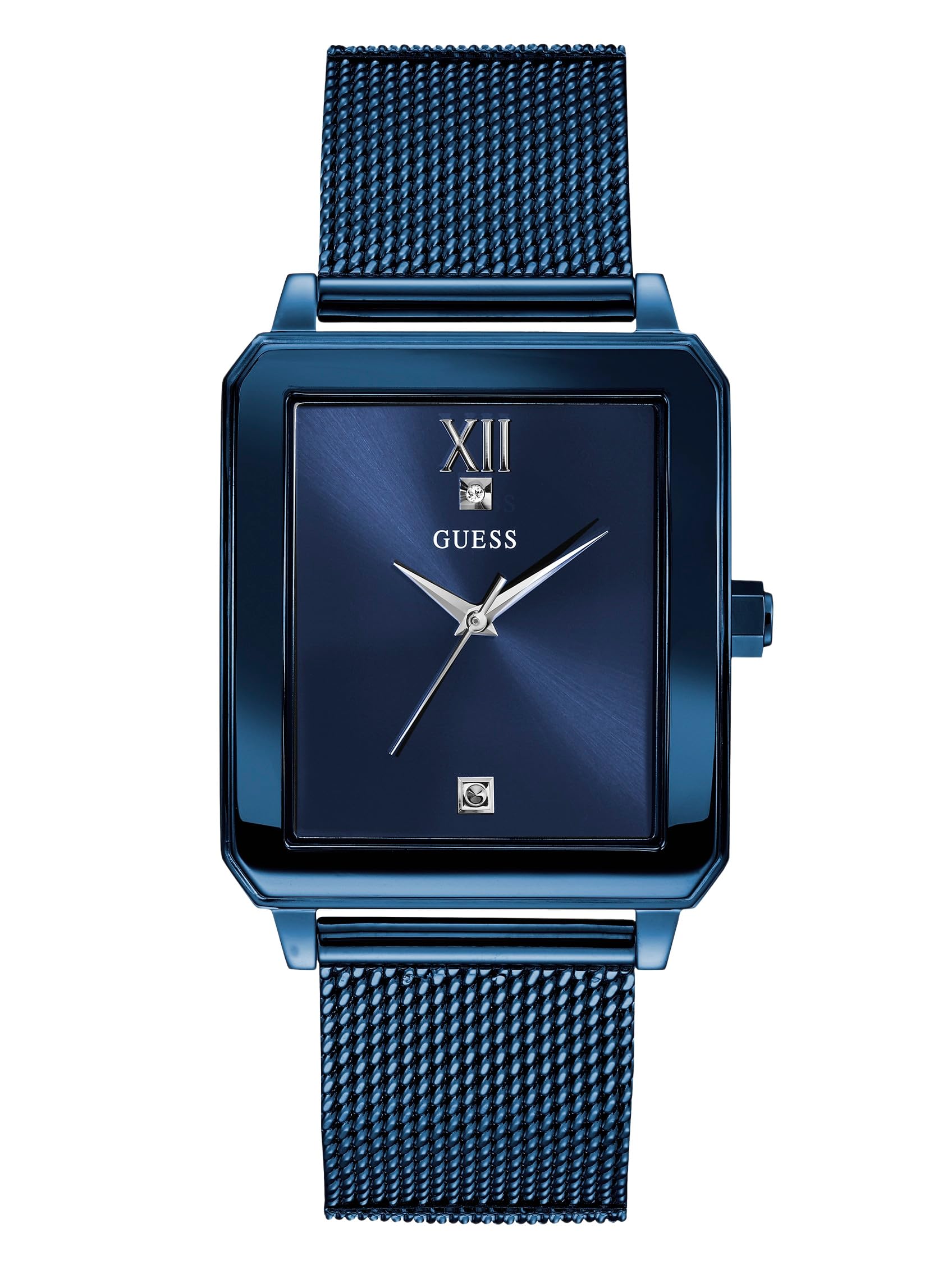 GUESS Reloj rectangular de acero inoxidable con pulsera de malla chapada en iónico azul y esfera de diamantes genuinos. Color: Azul icónico (Modelo: U1074G2)