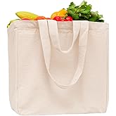 Heavy Duty Grocery Tote Bag - Extremely Sturdy Extra Large Canvas Grocery Bag with Double Handles and Real Pockets - Premium Quality, Reusable, Washable and Foldable Cotton Cloth Grocery Bag (1 Bag)