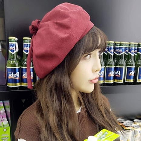 Amazon Co Jp 女性秋冬帽子ソリッドコーデュロイ女性ベレー帽かわいい女性弓ベレー帽韓国スタイル八角形キャップアーティスト画家帽子 ホーム キッチン