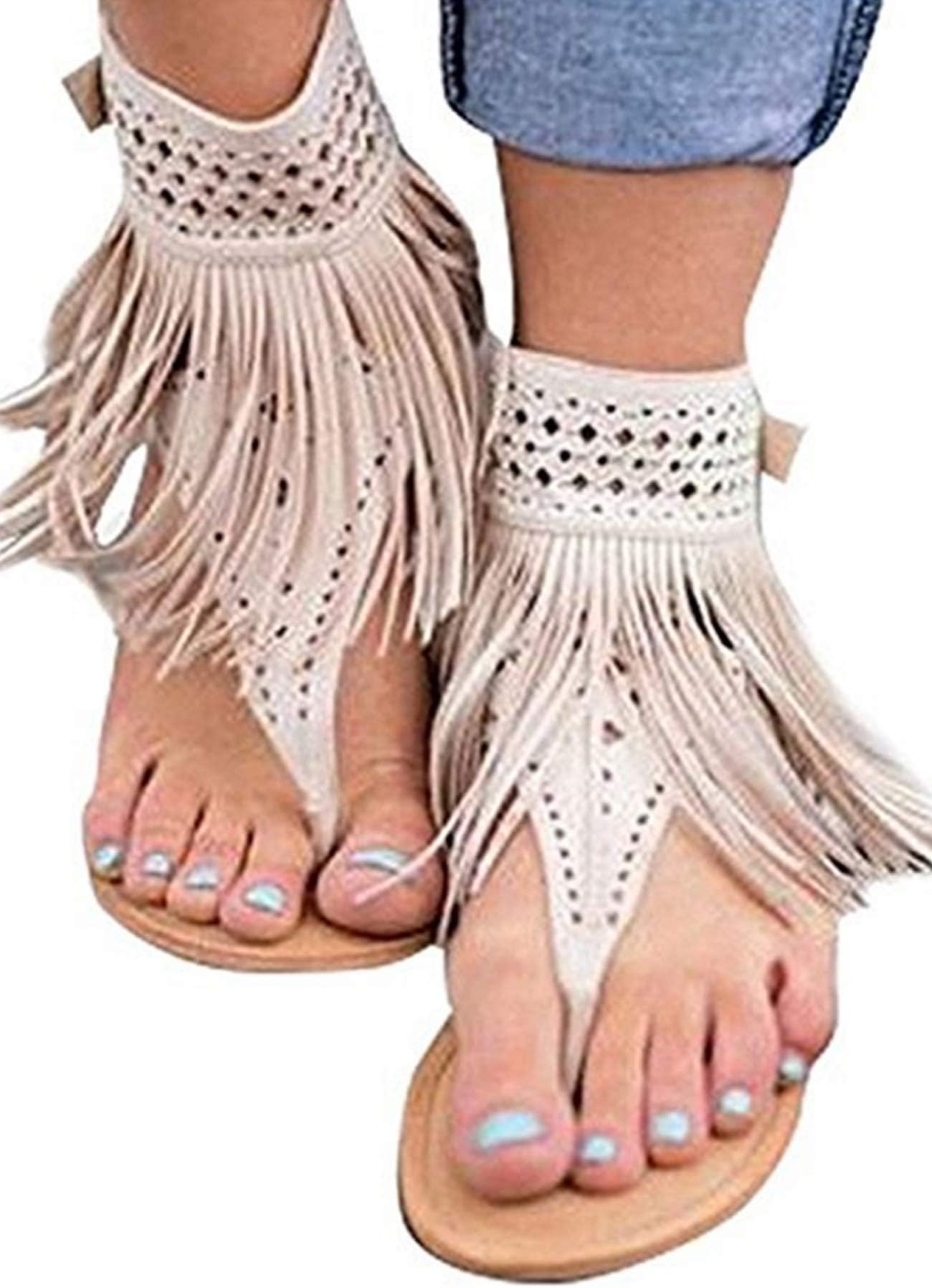 Ru Sweet Womens Suede Tassels Thong Flat Sandals Flip Flops Fringe Shoes