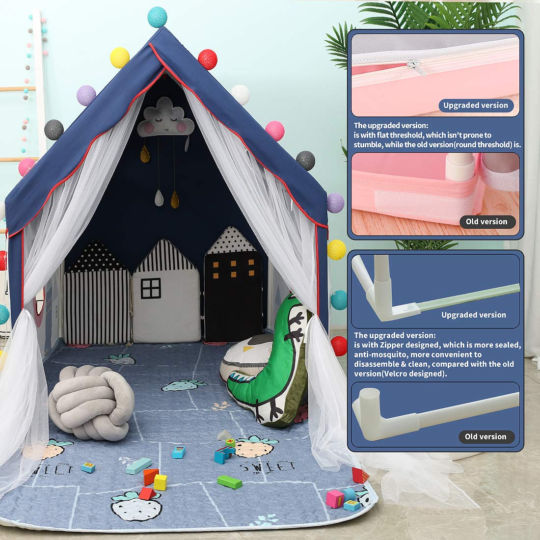 Kids Tents Indoor Playhouses Boys 9.9Ft Star String Lights Blue Tent for Upgraded Large and Longer Curtain with Colorful Accessories Decoration 50.4